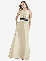 Front View Thumbnail - Champagne & Caviar Gray High-Neck Asymmetrical Shirred Satin Maxi Dress with Pockets