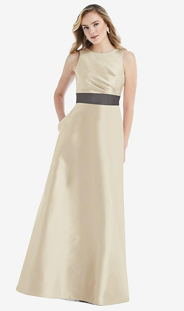Front View - Champagne & Caviar Gray High-Neck Asymmetrical Shirred Satin Maxi Dress with Pockets