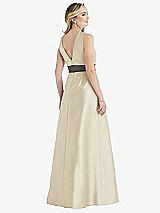 Rear View Thumbnail - Champagne & Caviar Gray High-Neck Asymmetrical Shirred Satin Maxi Dress with Pockets