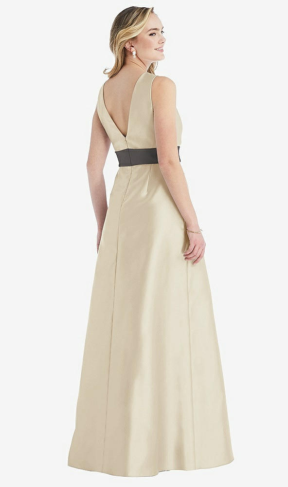 Back View - Champagne & Caviar Gray High-Neck Asymmetrical Shirred Satin Maxi Dress with Pockets