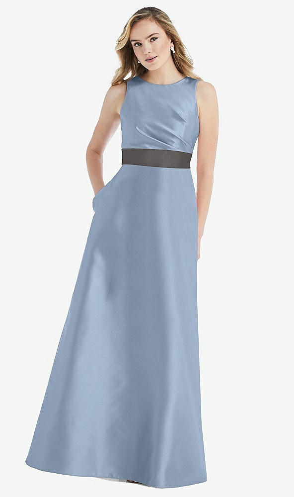 Front View - Cloudy & Caviar Gray High-Neck Asymmetrical Shirred Satin Maxi Dress with Pockets