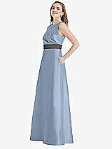 Side View Thumbnail - Cloudy & Caviar Gray High-Neck Asymmetrical Shirred Satin Maxi Dress with Pockets