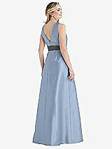 Rear View Thumbnail - Cloudy & Caviar Gray High-Neck Asymmetrical Shirred Satin Maxi Dress with Pockets