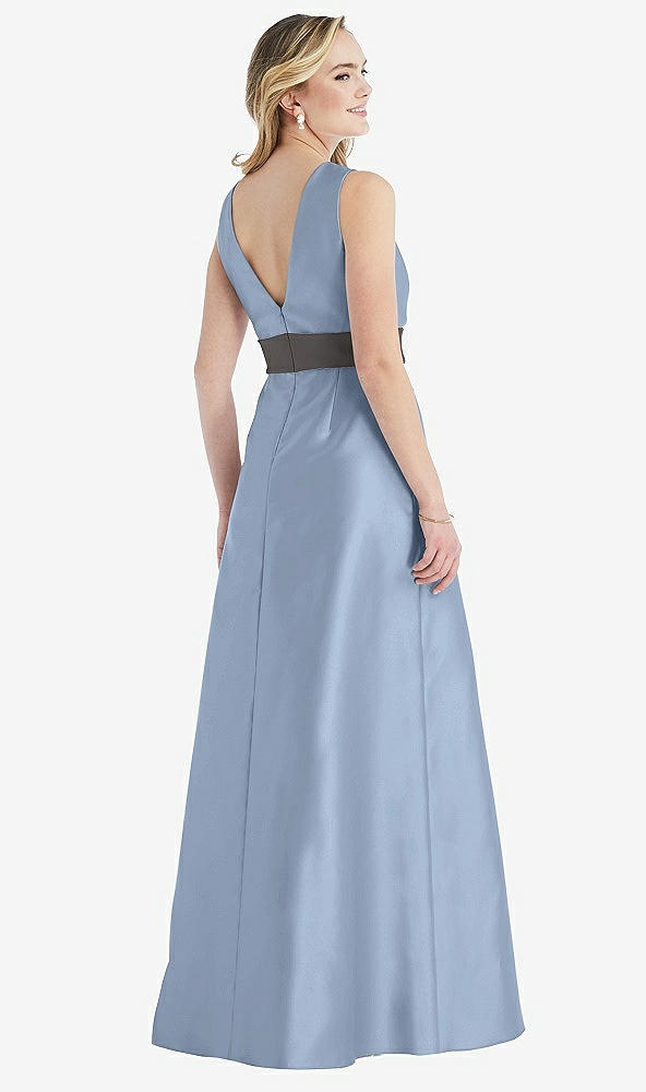 Back View - Cloudy & Caviar Gray High-Neck Asymmetrical Shirred Satin Maxi Dress with Pockets