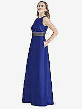 Side View Thumbnail - Cobalt Blue & Caviar Gray High-Neck Asymmetrical Shirred Satin Maxi Dress with Pockets