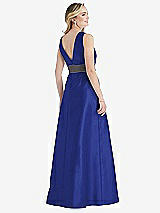 Rear View Thumbnail - Cobalt Blue & Caviar Gray High-Neck Asymmetrical Shirred Satin Maxi Dress with Pockets