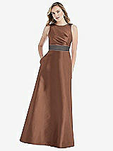 Front View Thumbnail - Cognac & Caviar Gray High-Neck Asymmetrical Shirred Satin Maxi Dress with Pockets