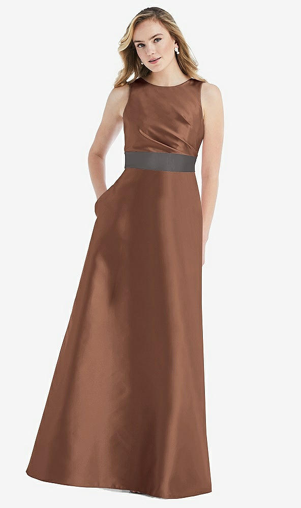 Front View - Cognac & Caviar Gray High-Neck Asymmetrical Shirred Satin Maxi Dress with Pockets