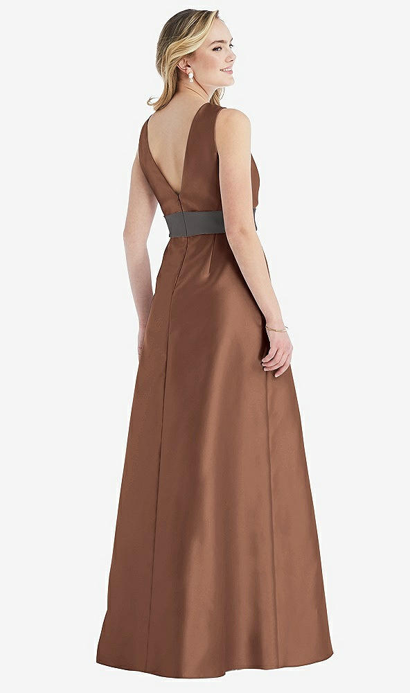 Back View - Cognac & Caviar Gray High-Neck Asymmetrical Shirred Satin Maxi Dress with Pockets