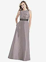 Front View Thumbnail - Cashmere Gray & Caviar Gray High-Neck Asymmetrical Shirred Satin Maxi Dress with Pockets