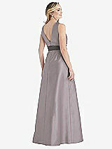 Rear View Thumbnail - Cashmere Gray & Caviar Gray High-Neck Asymmetrical Shirred Satin Maxi Dress with Pockets