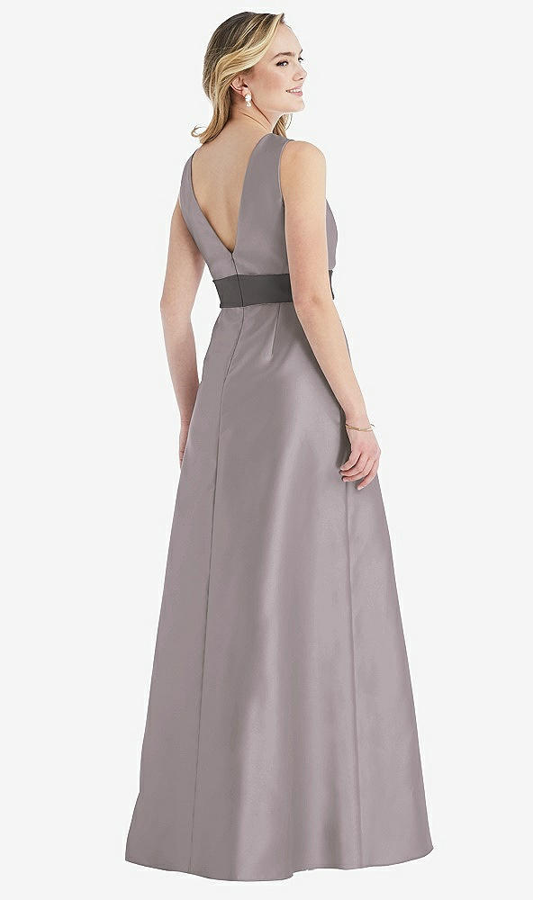 Back View - Cashmere Gray & Caviar Gray High-Neck Asymmetrical Shirred Satin Maxi Dress with Pockets