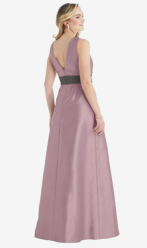Back View - Dusty Rose & Caviar Gray High-Neck Asymmetrical Shirred Satin Maxi Dress with Pockets