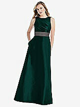 Front View Thumbnail - Evergreen & Caviar Gray High-Neck Asymmetrical Shirred Satin Maxi Dress with Pockets