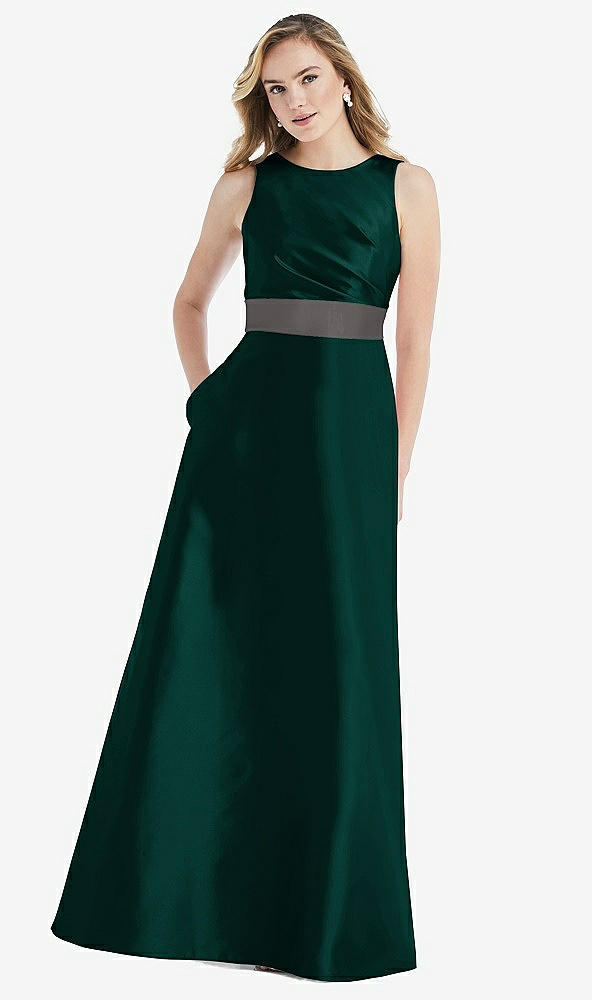 Front View - Evergreen & Caviar Gray High-Neck Asymmetrical Shirred Satin Maxi Dress with Pockets