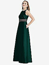Side View Thumbnail - Evergreen & Caviar Gray High-Neck Asymmetrical Shirred Satin Maxi Dress with Pockets