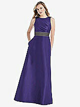 Front View Thumbnail - Grape & Caviar Gray High-Neck Asymmetrical Shirred Satin Maxi Dress with Pockets