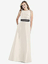 Front View Thumbnail - Ivory & Caviar Gray High-Neck Asymmetrical Shirred Satin Maxi Dress with Pockets