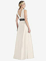 Rear View Thumbnail - Ivory & Caviar Gray High-Neck Asymmetrical Shirred Satin Maxi Dress with Pockets