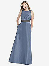 Front View Thumbnail - Larkspur Blue & Caviar Gray High-Neck Asymmetrical Shirred Satin Maxi Dress with Pockets