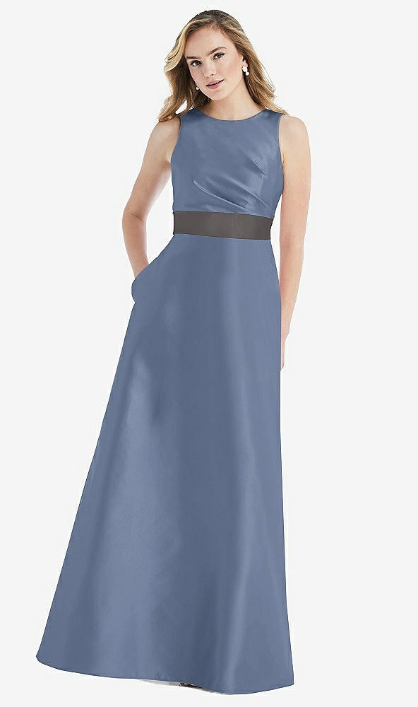 Front View - Larkspur Blue & Caviar Gray High-Neck Asymmetrical Shirred Satin Maxi Dress with Pockets