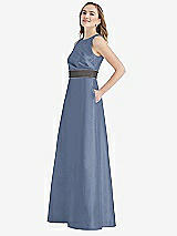 Side View Thumbnail - Larkspur Blue & Caviar Gray High-Neck Asymmetrical Shirred Satin Maxi Dress with Pockets