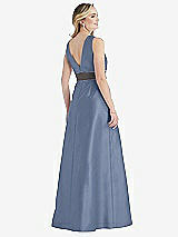 Rear View Thumbnail - Larkspur Blue & Caviar Gray High-Neck Asymmetrical Shirred Satin Maxi Dress with Pockets