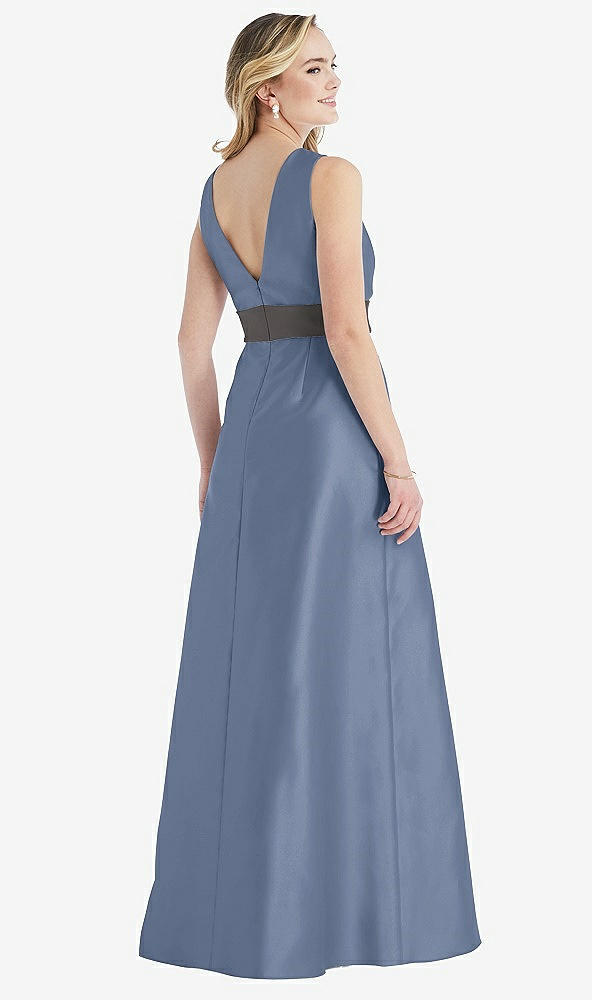 Back View - Larkspur Blue & Caviar Gray High-Neck Asymmetrical Shirred Satin Maxi Dress with Pockets