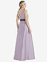 Rear View Thumbnail - Lilac Haze & Caviar Gray High-Neck Asymmetrical Shirred Satin Maxi Dress with Pockets