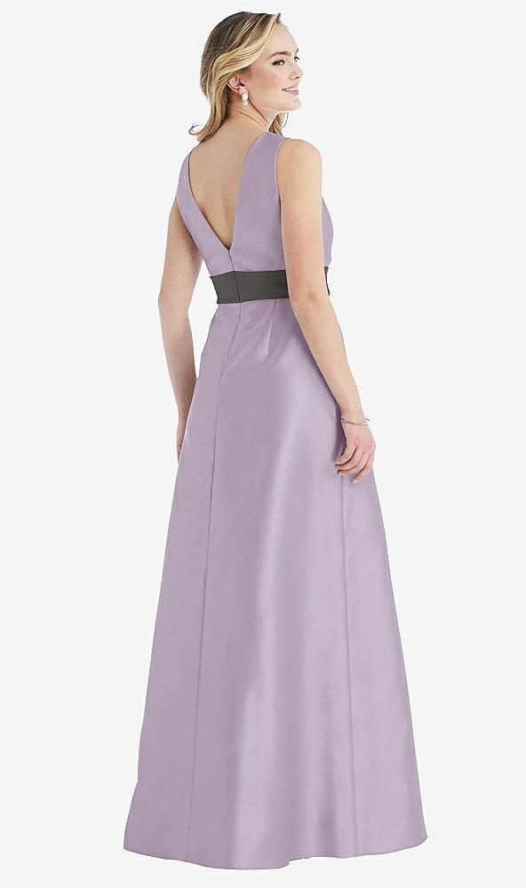 Back View - Lilac Haze & Caviar Gray High-Neck Asymmetrical Shirred Satin Maxi Dress with Pockets