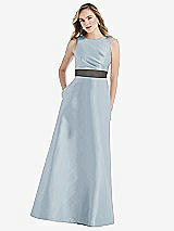Front View Thumbnail - Mist & Caviar Gray High-Neck Asymmetrical Shirred Satin Maxi Dress with Pockets