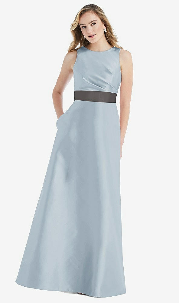 Front View - Mist & Caviar Gray High-Neck Asymmetrical Shirred Satin Maxi Dress with Pockets