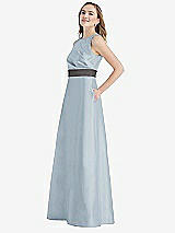 Side View Thumbnail - Mist & Caviar Gray High-Neck Asymmetrical Shirred Satin Maxi Dress with Pockets