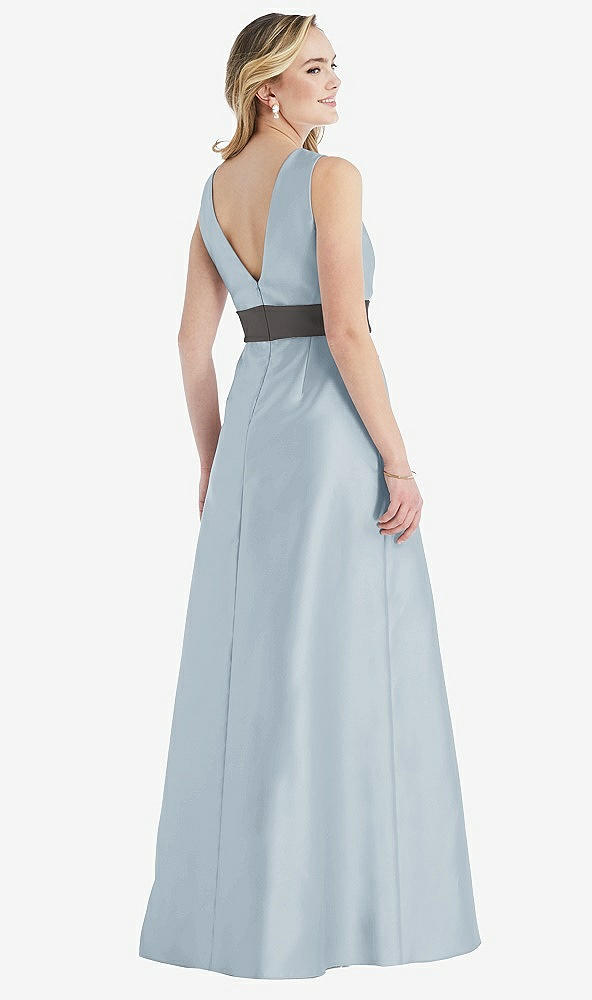 Back View - Mist & Caviar Gray High-Neck Asymmetrical Shirred Satin Maxi Dress with Pockets