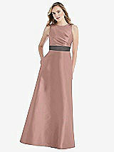 Front View Thumbnail - Neu Nude & Caviar Gray High-Neck Asymmetrical Shirred Satin Maxi Dress with Pockets