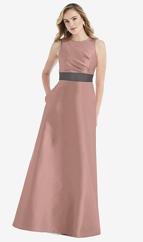 Front View - Neu Nude & Caviar Gray High-Neck Asymmetrical Shirred Satin Maxi Dress with Pockets