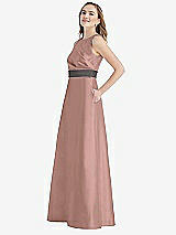 Side View Thumbnail - Neu Nude & Caviar Gray High-Neck Asymmetrical Shirred Satin Maxi Dress with Pockets