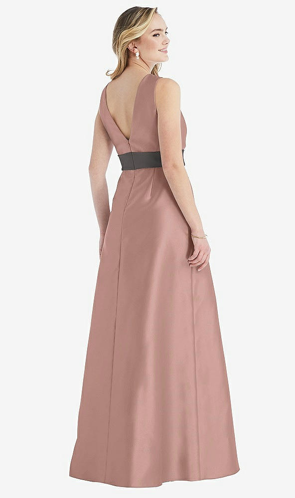 Back View - Neu Nude & Caviar Gray High-Neck Asymmetrical Shirred Satin Maxi Dress with Pockets