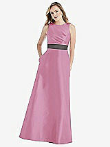 Front View Thumbnail - Powder Pink & Caviar Gray High-Neck Asymmetrical Shirred Satin Maxi Dress with Pockets