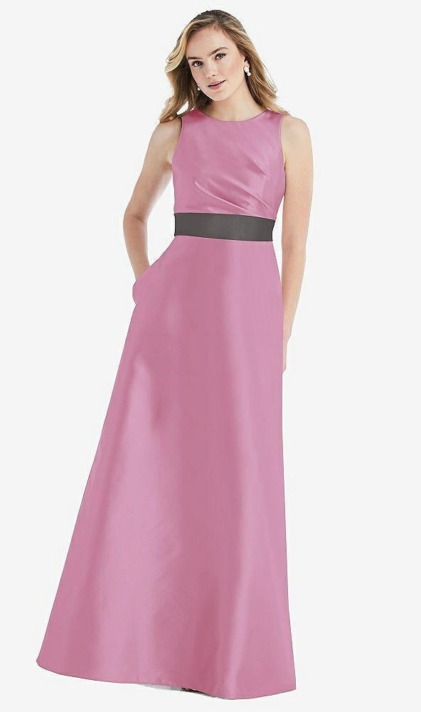 Front View - Powder Pink & Caviar Gray High-Neck Asymmetrical Shirred Satin Maxi Dress with Pockets