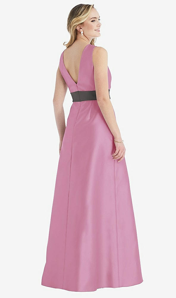 Back View - Powder Pink & Caviar Gray High-Neck Asymmetrical Shirred Satin Maxi Dress with Pockets