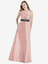 Front View Thumbnail - Rose & Caviar Gray High-Neck Asymmetrical Shirred Satin Maxi Dress with Pockets