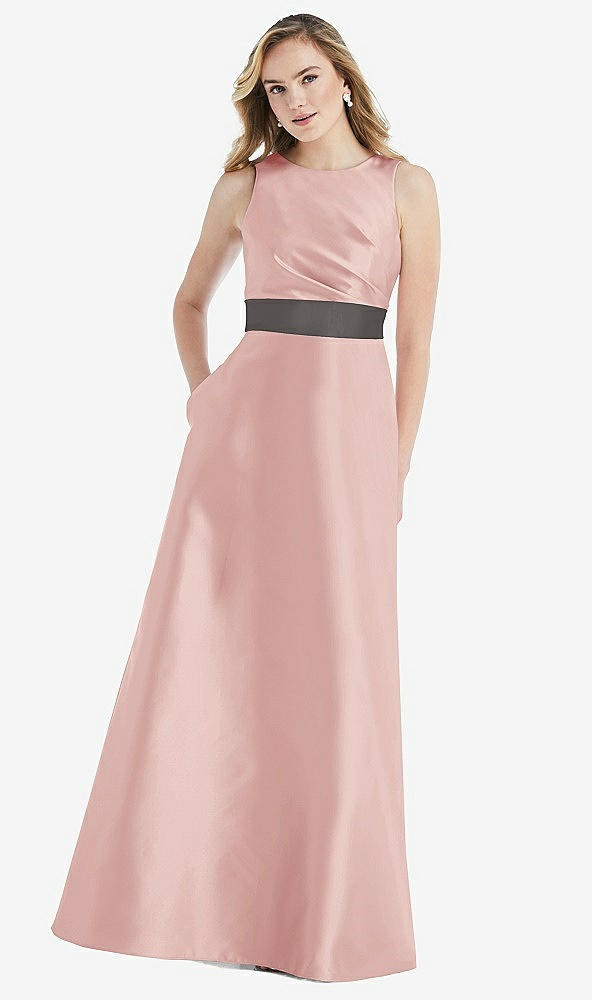 Front View - Rose & Caviar Gray High-Neck Asymmetrical Shirred Satin Maxi Dress with Pockets