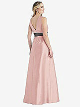 Rear View Thumbnail - Rose & Caviar Gray High-Neck Asymmetrical Shirred Satin Maxi Dress with Pockets