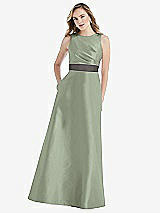 Front View Thumbnail - Sage & Caviar Gray High-Neck Asymmetrical Shirred Satin Maxi Dress with Pockets