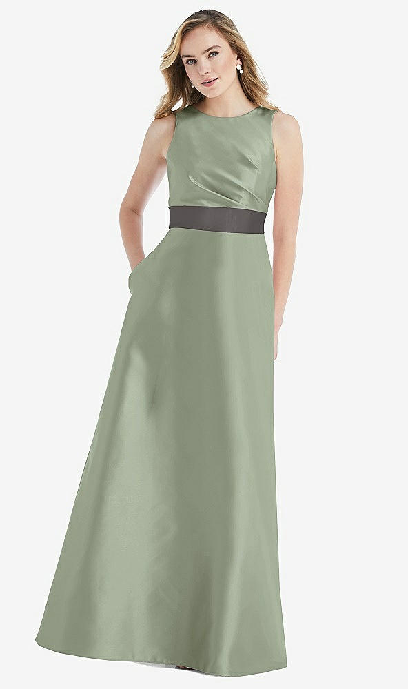 Front View - Sage & Caviar Gray High-Neck Asymmetrical Shirred Satin Maxi Dress with Pockets