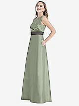 Side View Thumbnail - Sage & Caviar Gray High-Neck Asymmetrical Shirred Satin Maxi Dress with Pockets