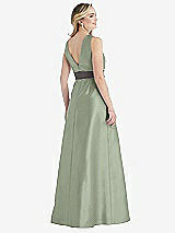 Rear View Thumbnail - Sage & Caviar Gray High-Neck Asymmetrical Shirred Satin Maxi Dress with Pockets