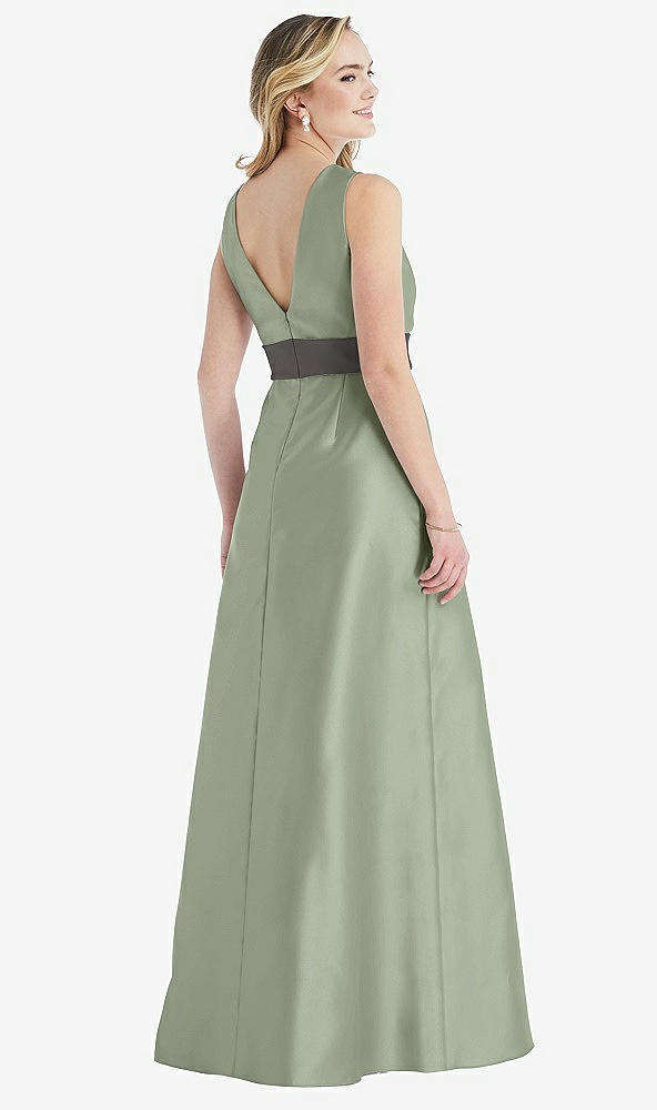 Back View - Sage & Caviar Gray High-Neck Asymmetrical Shirred Satin Maxi Dress with Pockets
