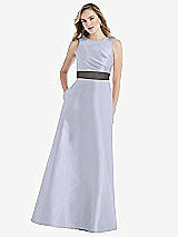 Front View Thumbnail - Silver Dove & Caviar Gray High-Neck Asymmetrical Shirred Satin Maxi Dress with Pockets